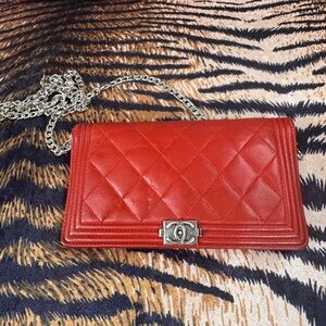 Chanel Boy Wallet on Chain– Red Calfskin/Lambskin with Silver Hardware